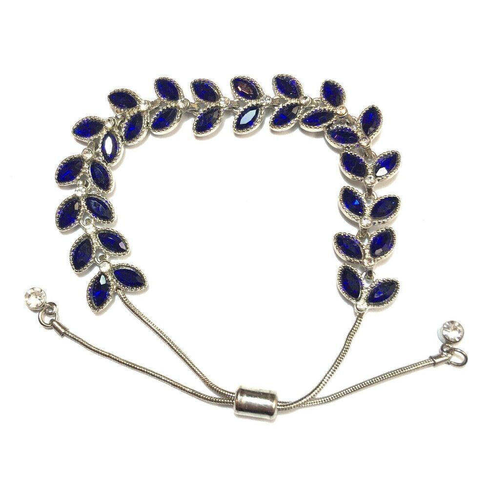 Blue Rhinestone Bracelet Adjustable Slide Closure Marquise Vine Snake Chain